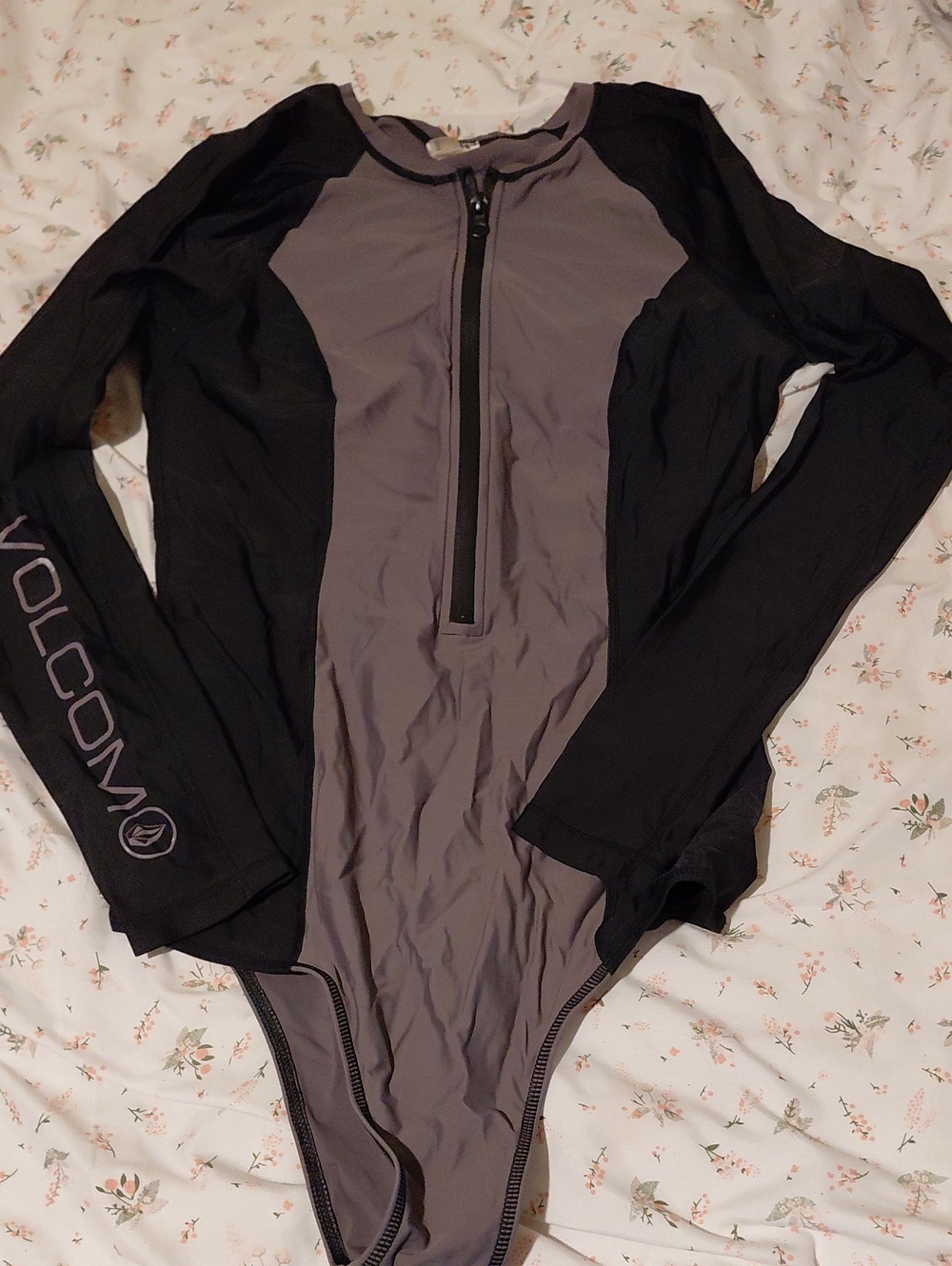 Volcom Gray and Black Long Sleeve One-Piece Rash Guard